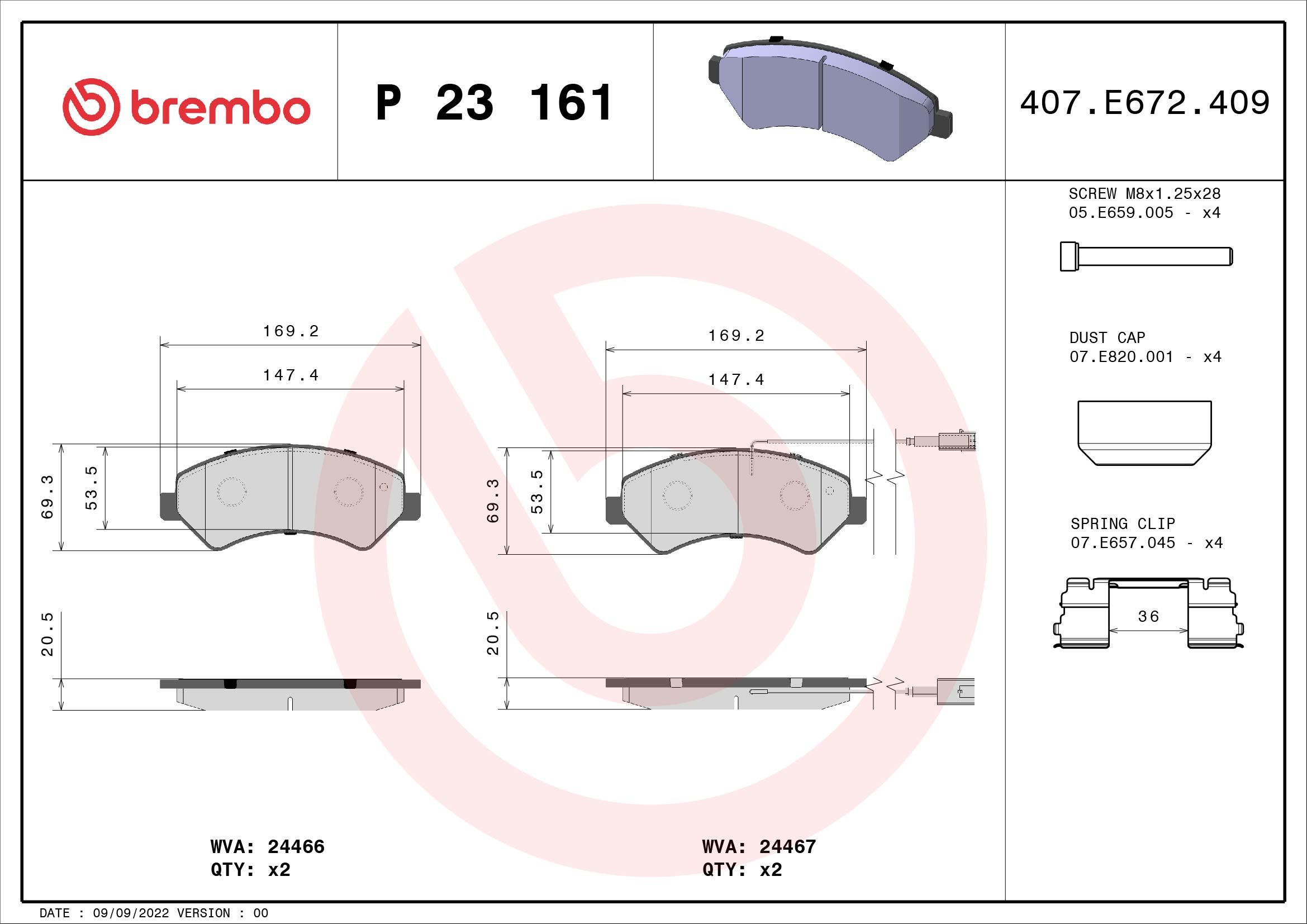 A.B.S. P 23 161 BREMBO Bremsbelagsatz, Scheibenbremse